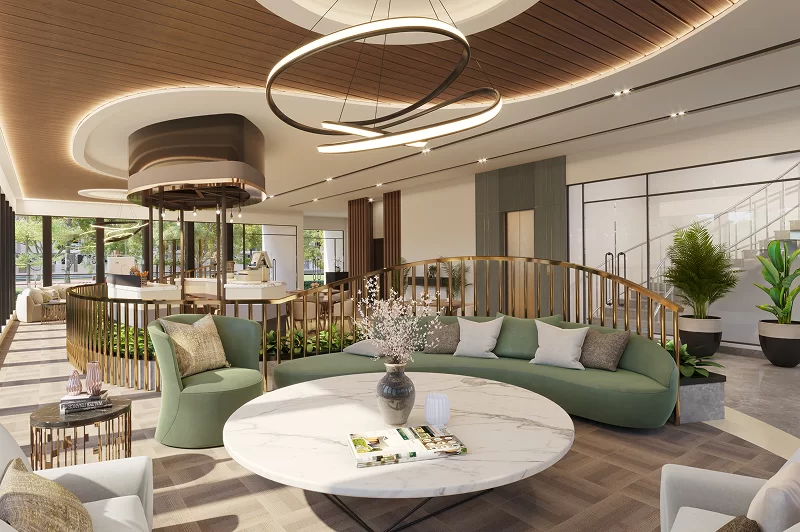 Double-height clubhouse lounge at an Ananta project in Zirakpur